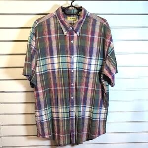 VTG LL Bean Men's Plaid Linen Blend Button Down Short Sleeve Shirt Large EUC